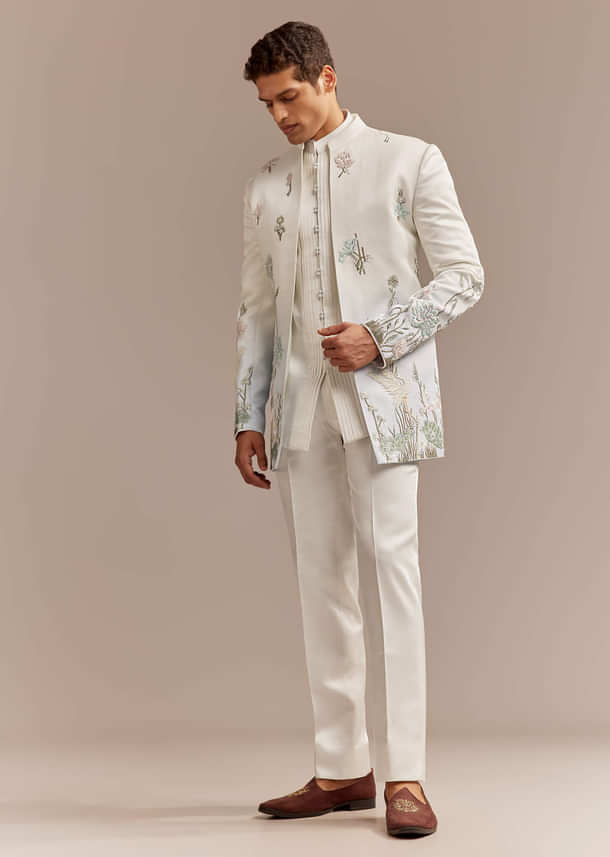 White Satin Silk Indo Western Set For Men With Pastel Embroidery