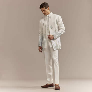 White Satin Silk Indo Western Set For Men With Pastel Embroidery