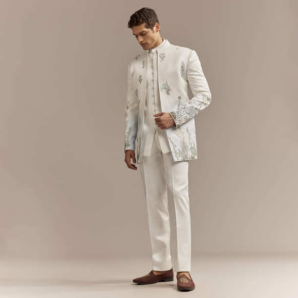 White Satin Silk Indo Western Set For Men With Pastel Embroidery