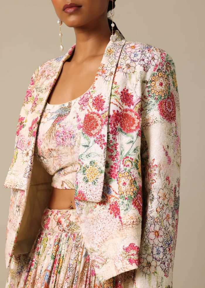 White Sequin Embellished Jacket And Lehenga Set
