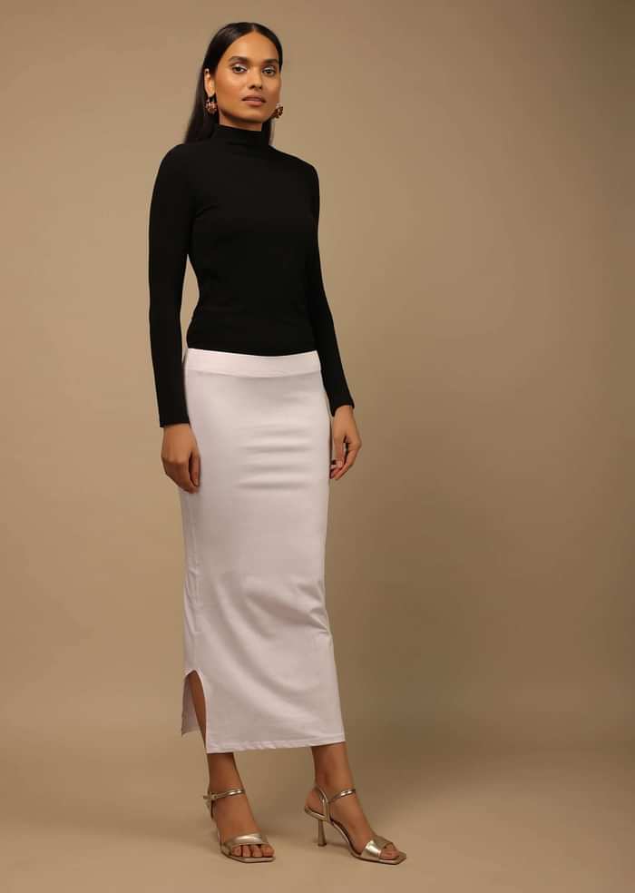 White Shapewear Saree Petticoat In Cotton Lycra With Elastic Waistband And Slit