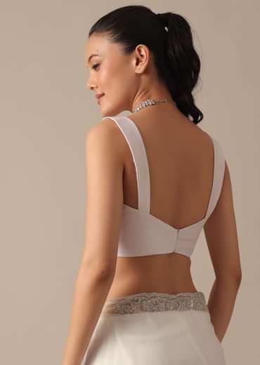 White Sheer Organza Saree With Scallop Cutwork And Unstitched Blouse Piece