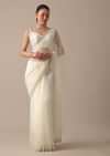 White Sheer Organza Saree With Scallop Cutwork And Unstitched Blouse Piece