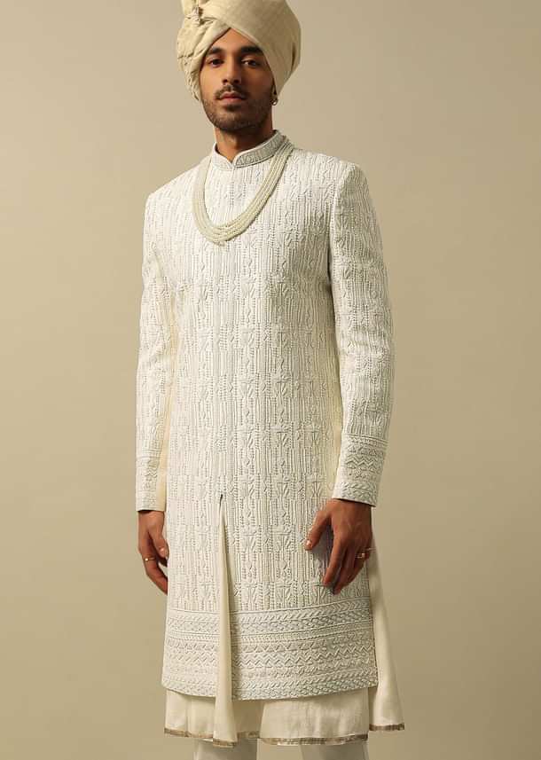 White Sherwani with Exquisite Heavy Embroidery