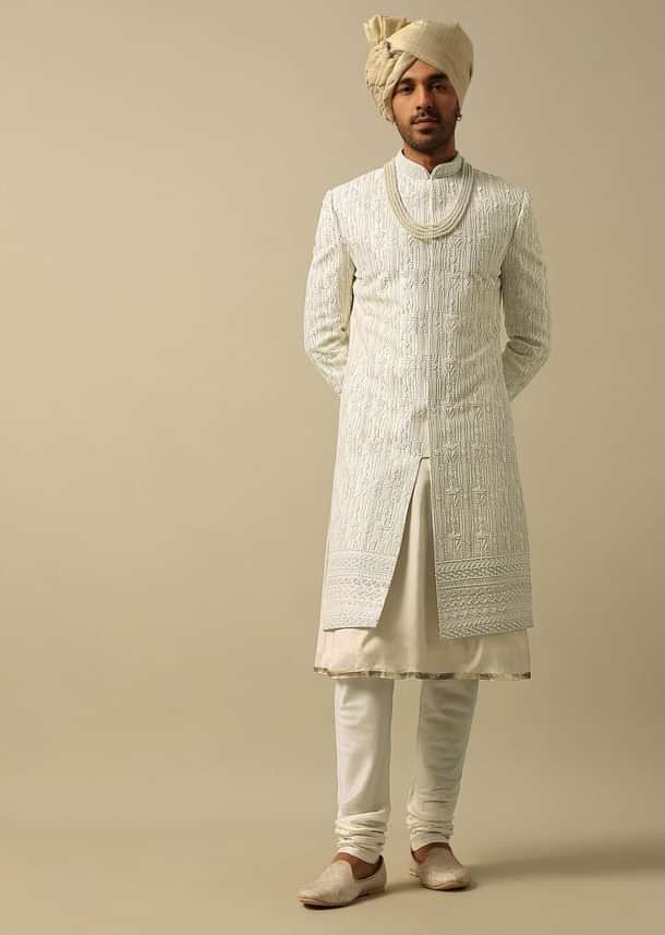White Sherwani with Exquisite Heavy Embroidery