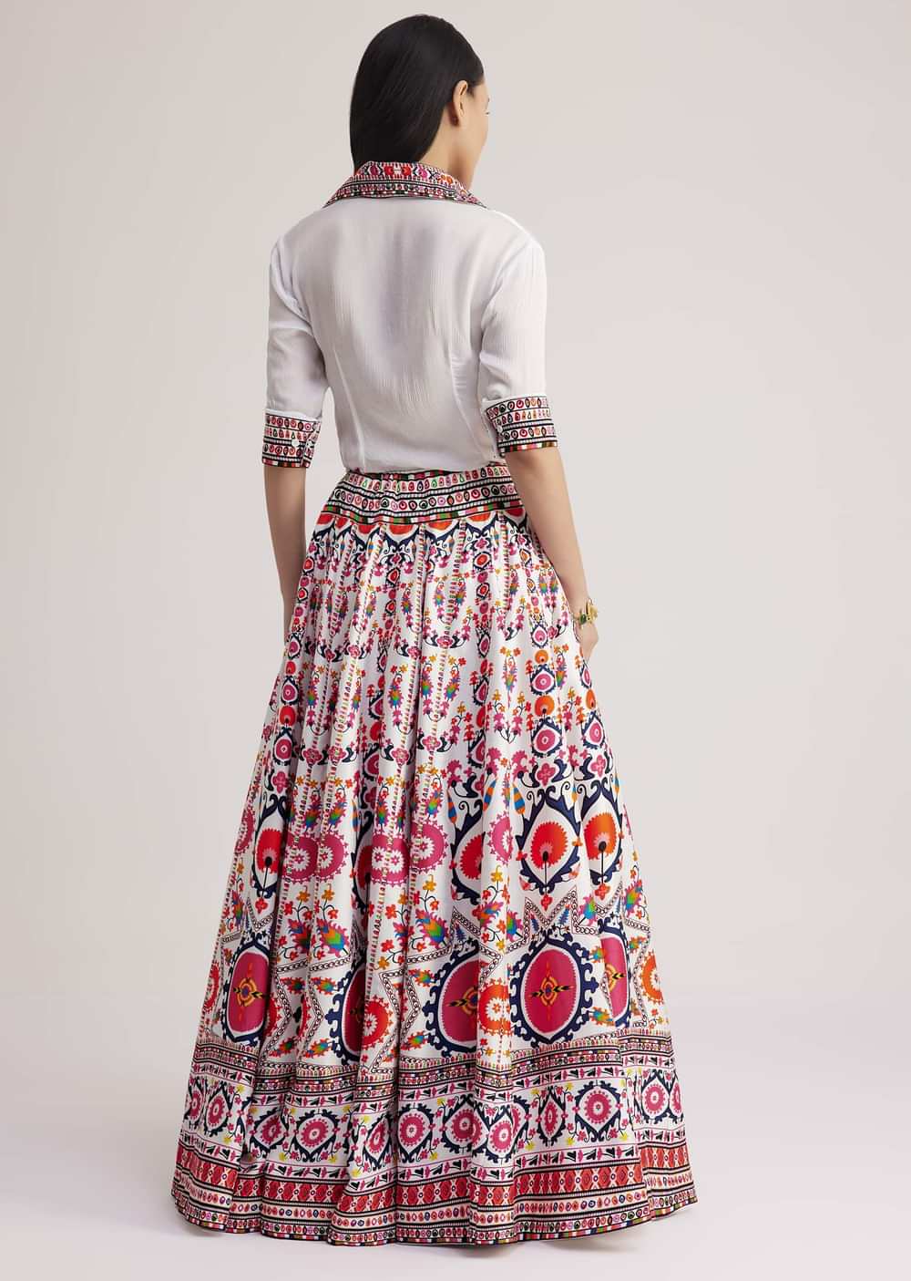White Shirt With Vibrant Printed Skirt