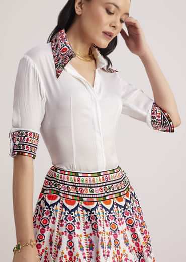 White Shirt With Vibrant Printed Skirt