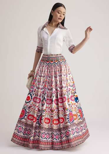 White Shirt With Vibrant Printed Skirt