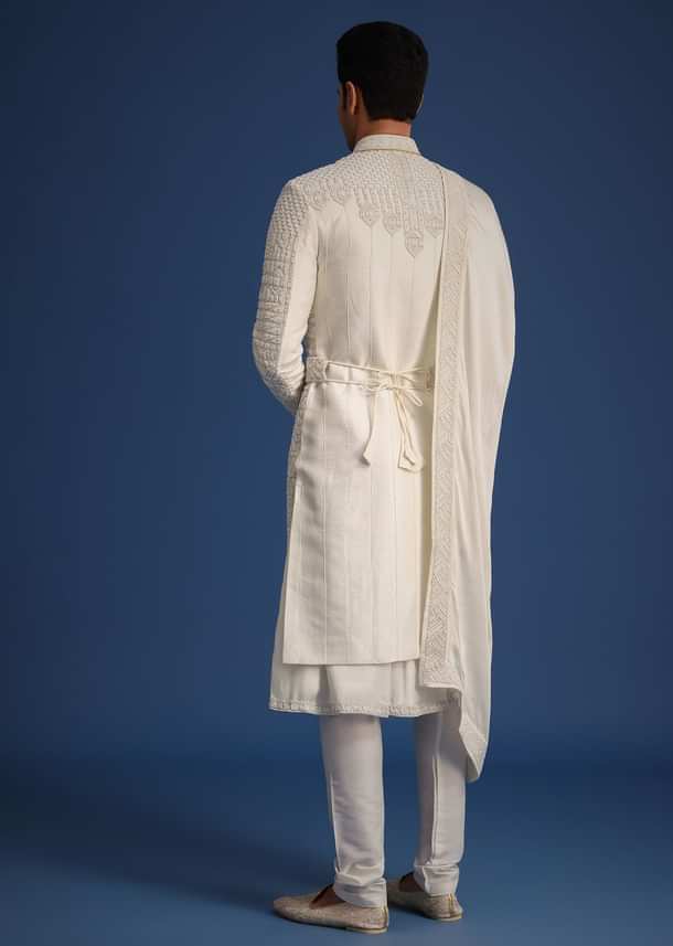 White Silk Embellished Sherwani Set With Kamarbandh