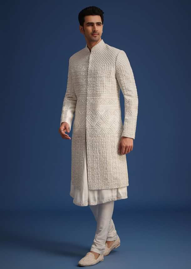 White Silk Embellished Sherwani Set With Kamarbandh