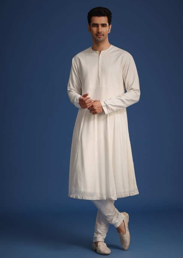 White Silk Embellished Sherwani Set With Kamarbandh