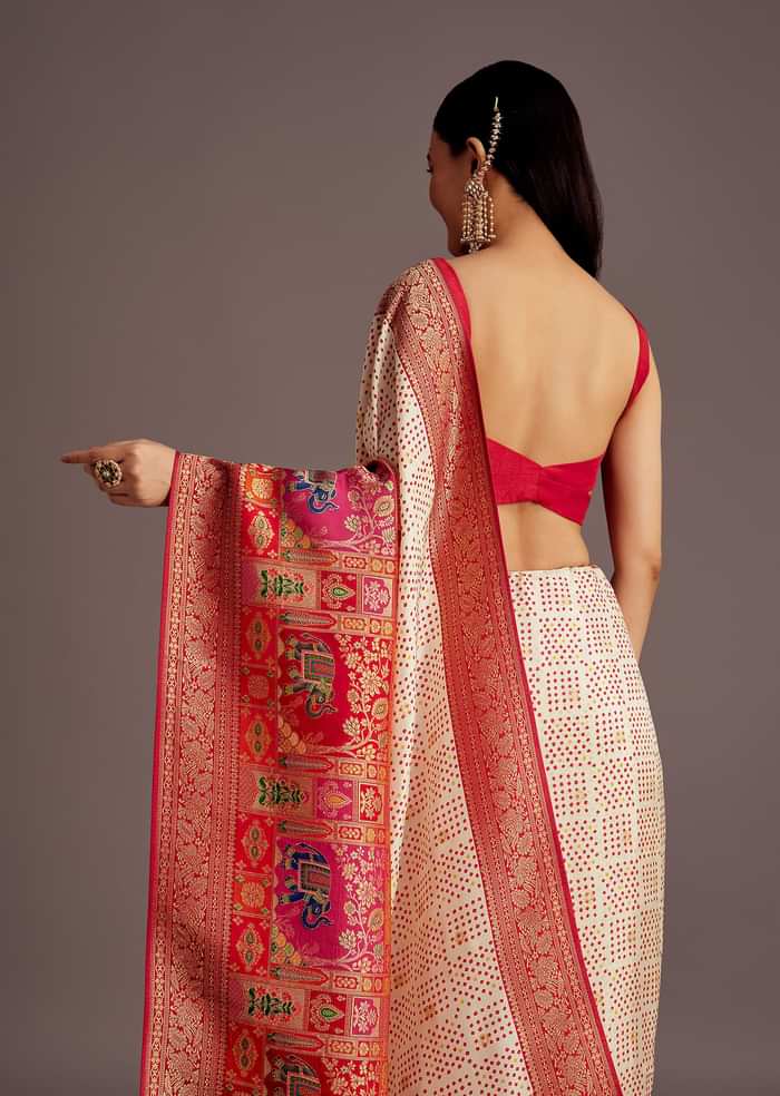 White And Red Silk Saree with Elephant Jamdani Print