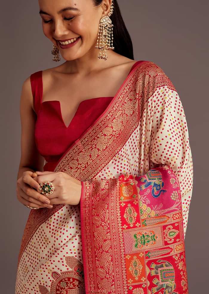 White And Red Silk Saree with Elephant Jamdani Print