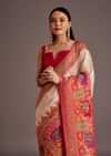White And Red Silk Saree with Elephant Jamdani Print