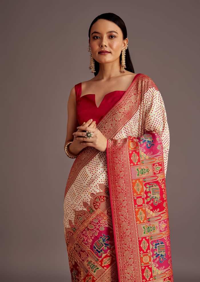 White And Red Silk Saree with Elephant Jamdani Print