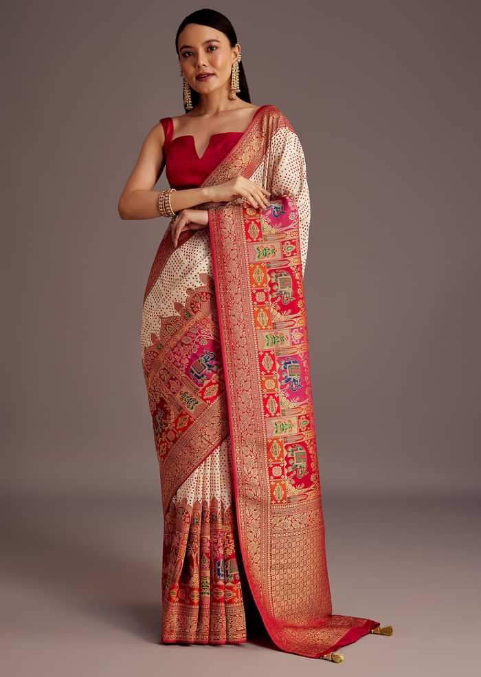 White And Red Silk Saree with Elephant Jamdani Print