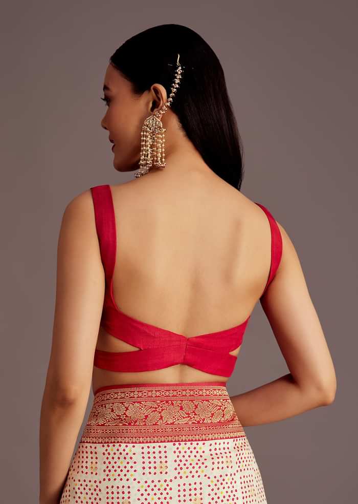 White And Red Silk Saree with Elephant Jamdani Print