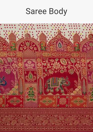 White And Red Silk Saree with Elephant Jamdani Print