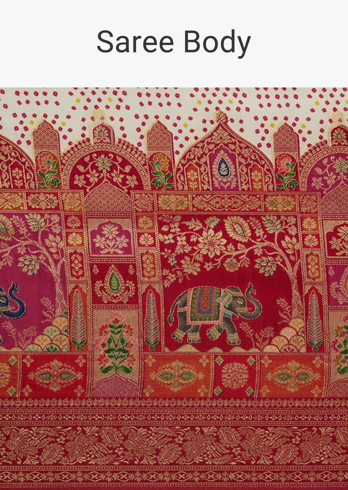 White And Red Silk Saree with Elephant Jamdani Print