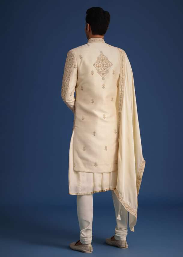 White Silk Zari Work Sherwani Set With Dupatta