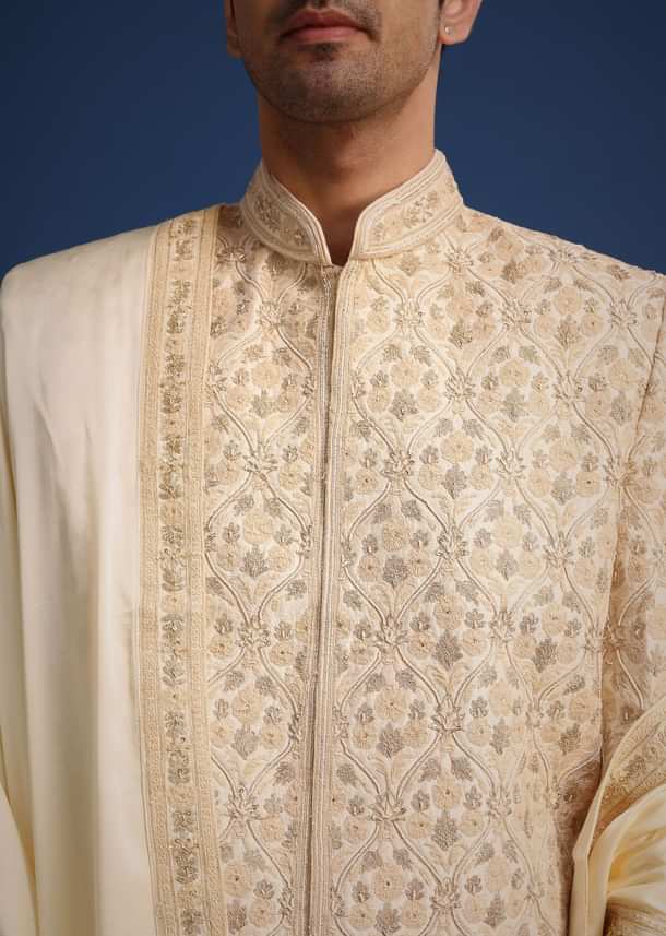White Silk Zari Work Sherwani Set With Dupatta