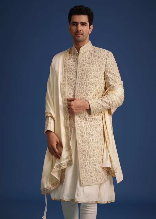 White Silk Zari Work Sherwani Set With Dupatta