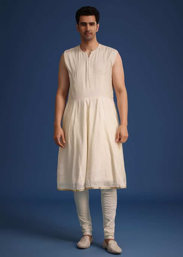 White Silk Zari Work Sherwani Set With Dupatta