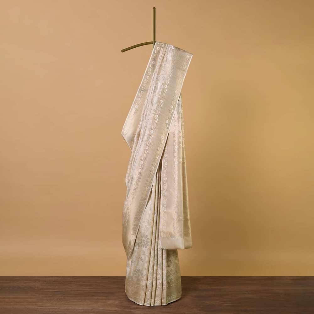 White South Dharmavaram Silk Saree With Antique Zari Weave And Unstitched Blouse Fabric