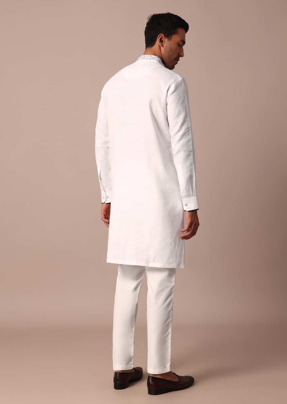 White Straight Linen Kurta With Yoke Detail
