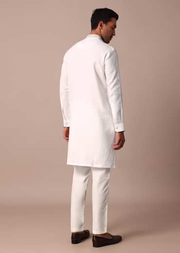 White Straight Linen Kurta With Yoke Detail