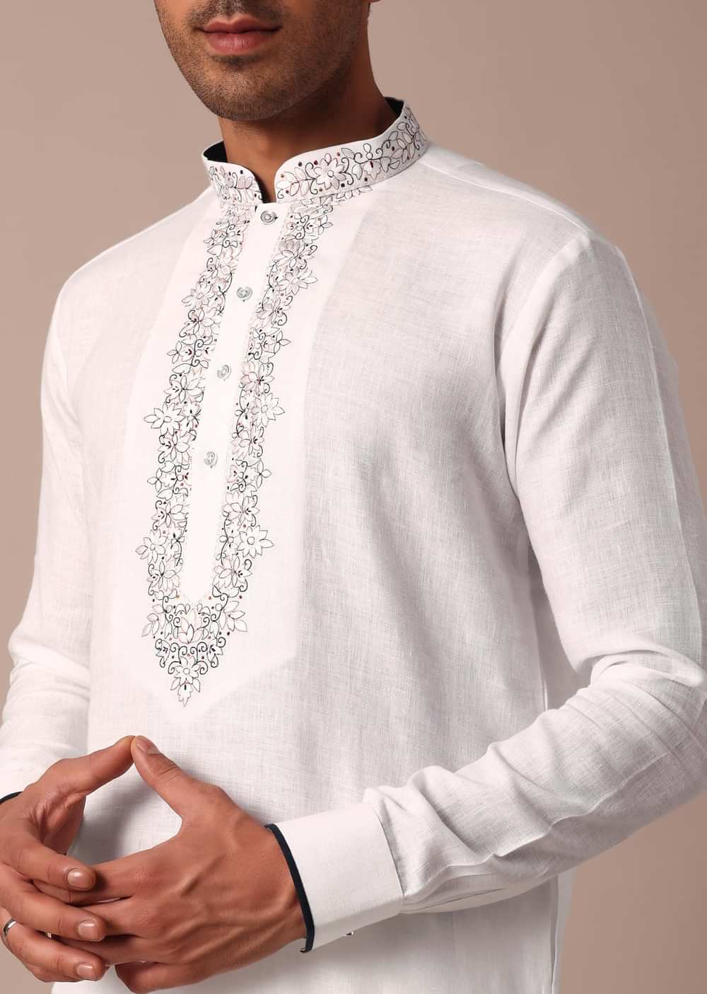 White Straight Linen Kurta With Yoke Detail