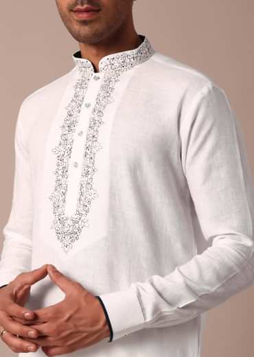 White Straight Linen Kurta With Yoke Detail