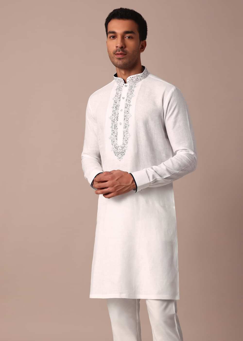 White Straight Linen Kurta With Yoke Detail