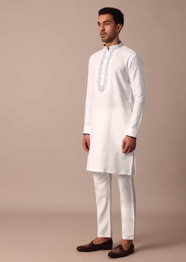 White Straight Linen Kurta With Yoke Detail