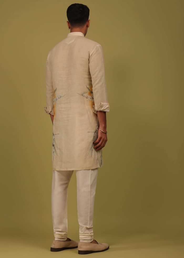 Cream White Printed Linen Kurta