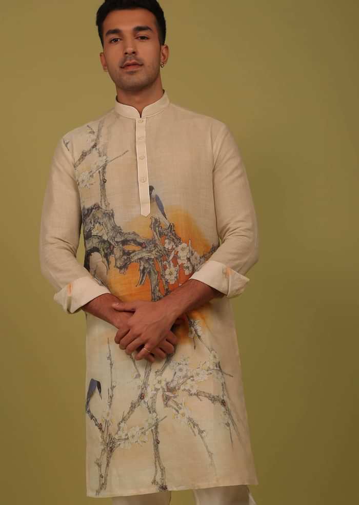 Cream White Printed Linen Kurta