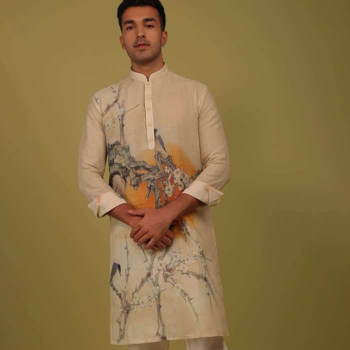 Cream White Printed Linen Kurta