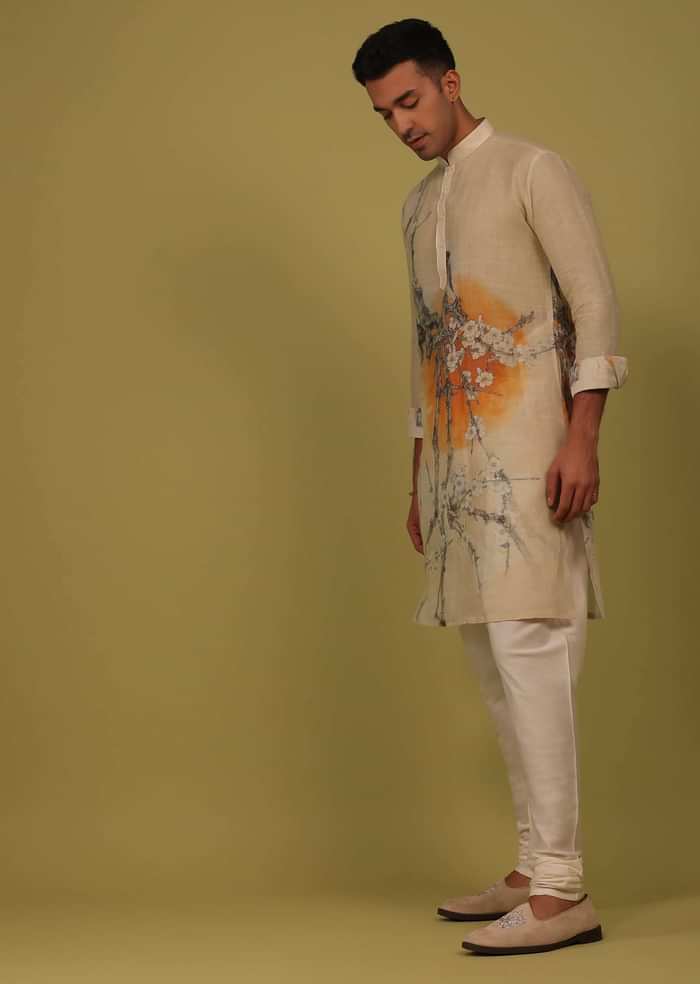 Cream White Printed Linen Kurta