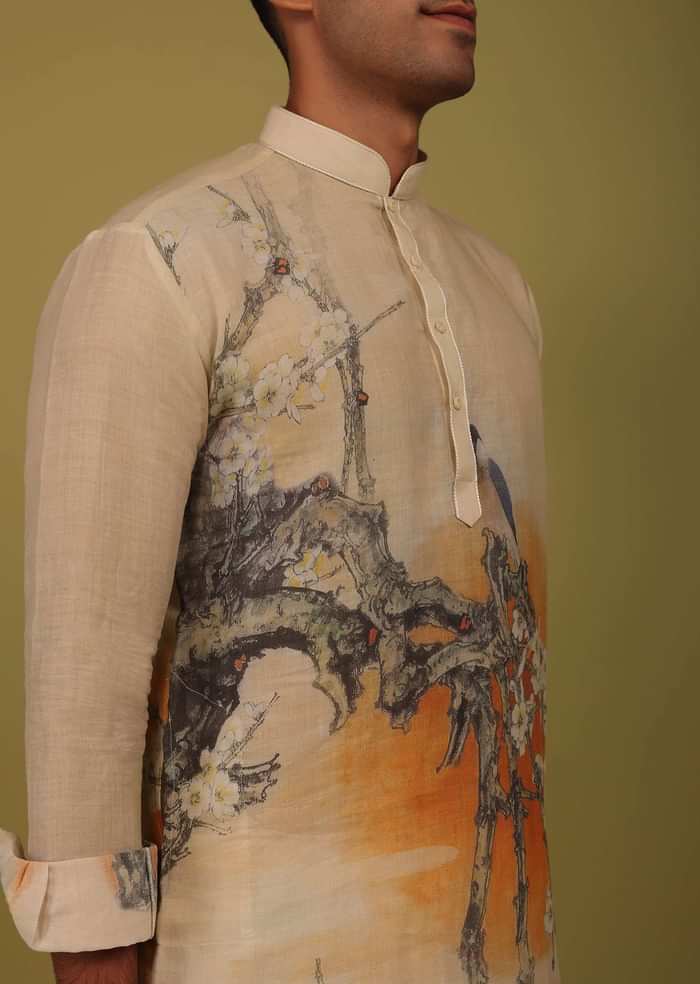 Cream White Printed Linen Kurta