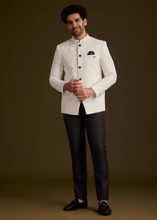 White Textured Bandhgala Suit