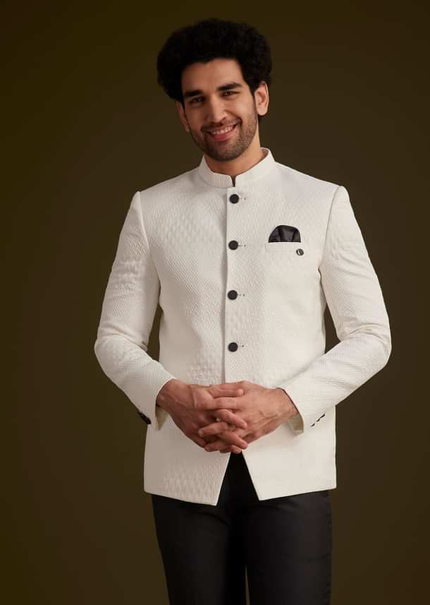 White Textured Bandhgala Suit