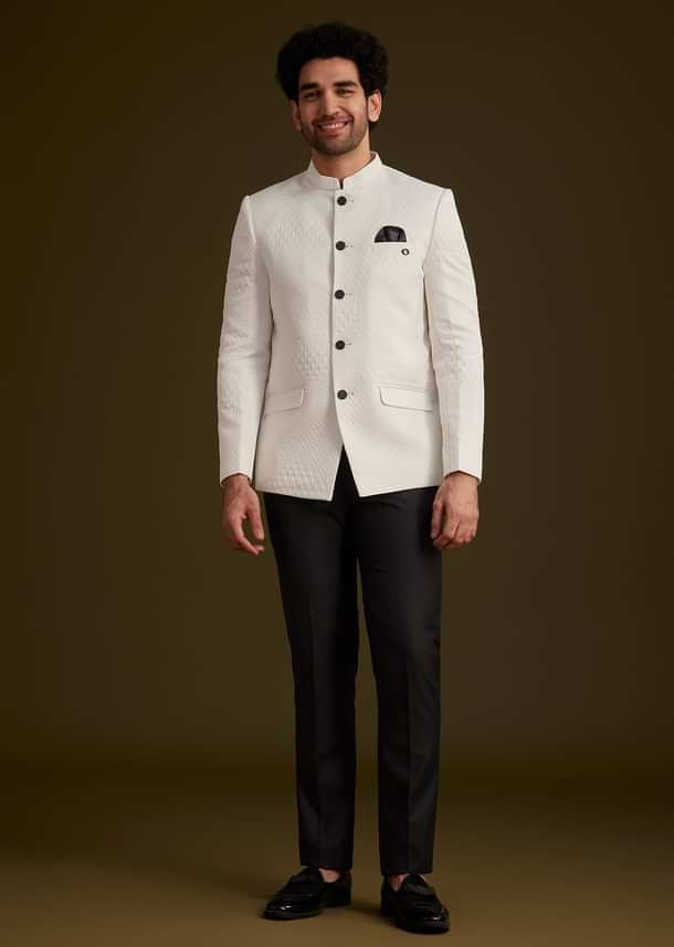 White Textured Bandhgala Suit