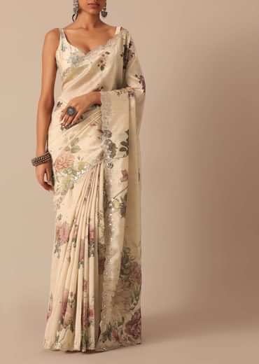 White Tussar Saree With Scallop Border And Unstitched Blouse Piece