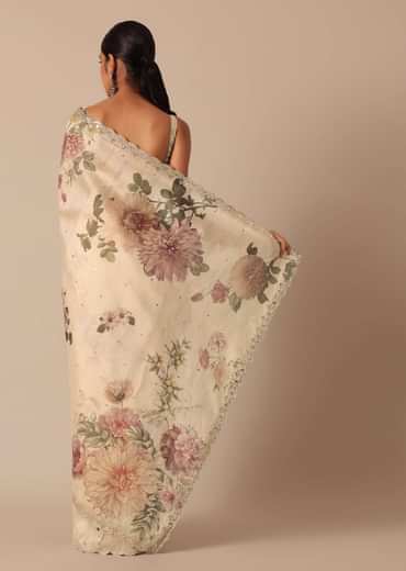 White Tussar Saree With Scallop Border And Unstitched Blouse Piece