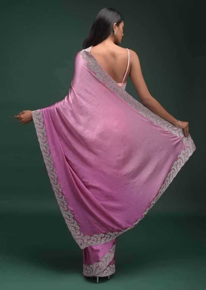 Wild Orchid Pink Ombre Saree In Satin Blend With Stone Work In Contemporary Border Design Online - Kalki Fashion