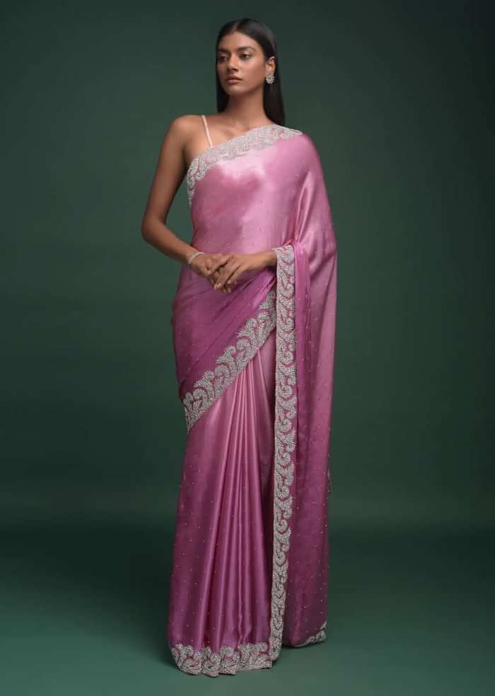 Wild Orchid Pink Ombre Saree In Satin Blend With Stone Work In Contemporary Border Design Online - Kalki Fashion