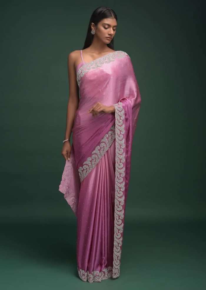 Wild Orchid Pink Ombre Saree In Satin Blend With Stone Work In Contemporary Border Design Online - Kalki Fashion