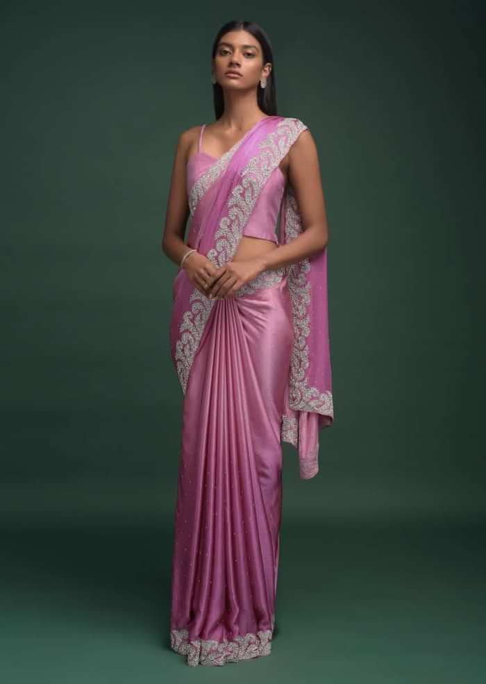 Wild Orchid Pink Ombre Saree In Satin Blend With Stone Work In Contemporary Border Design Online - Kalki Fashion