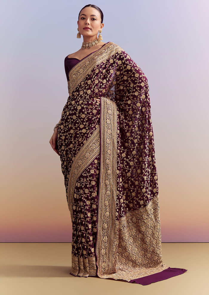 Wine Banarasi Silk Saree With Heavy Zari And Jaal Work
