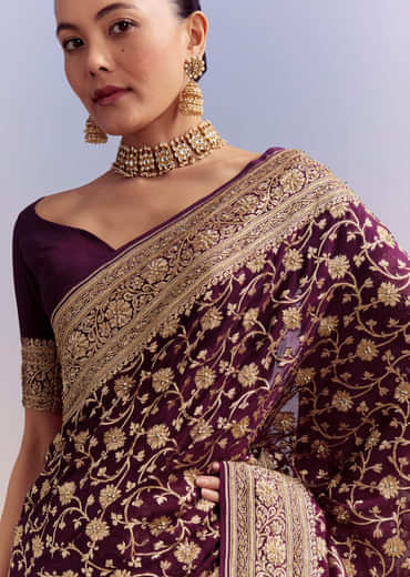 Wine Banarasi Silk Saree With Heavy Zari And Jaal Work